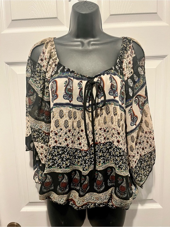 Limite Tops - Y2K Vintage Limite Boho Blouse Top Paisley Open Sleeve Brown Cream Medium Women